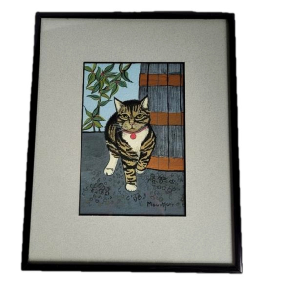 Original Art of Stripey Cat and Plant Artist Signed Mountfort Professional Frame - Picture 1 of 7